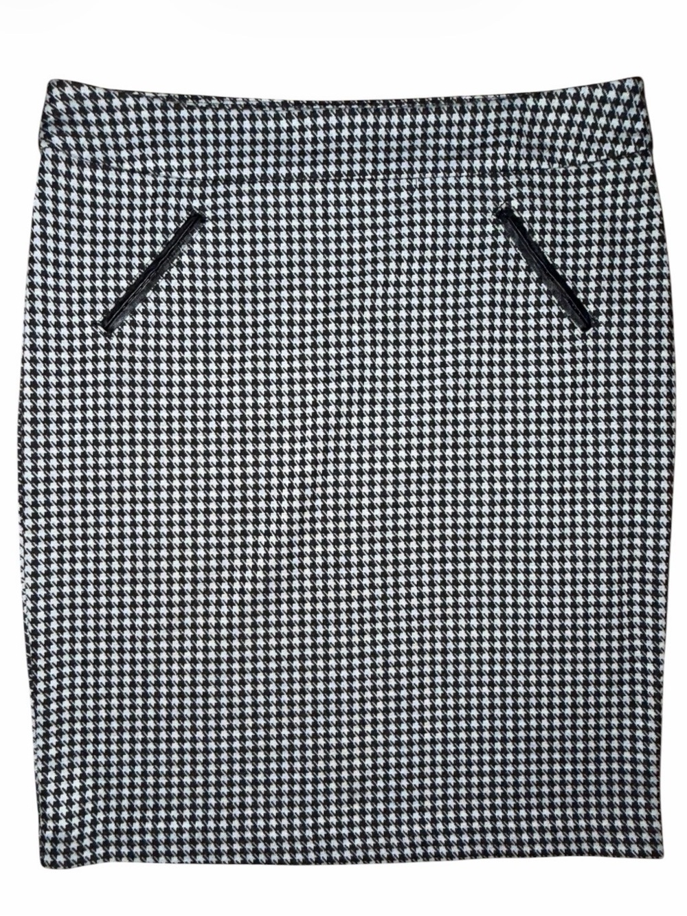 Denver Hayes Black&White Knitted Houndstooth Pencil Skirt w Faux Leather Accents